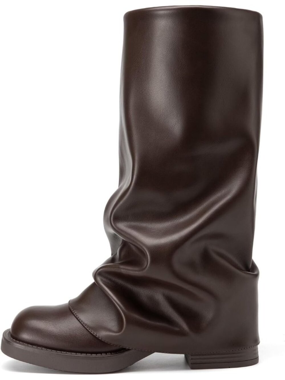 Women's Brown Fold Over Wide Calf Chunky Platform Low Heel Square Toe Calf Boots